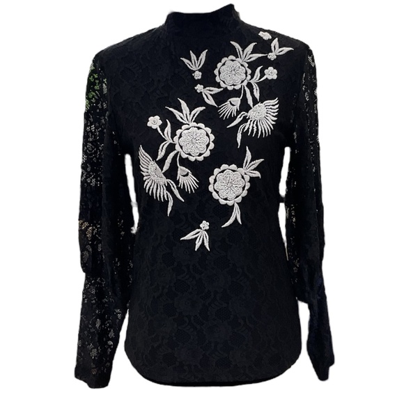 NWT Topshop Black Lace Long Sleeve Top With White Beaded Embroidery - Picture 1 of 9